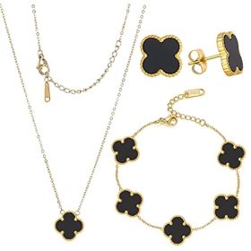 POLYREAL Lucky Clover Sets Bracelets Earring Necklace Pendant for Women 18K Gold Plated Cute Simple Fashion Jewelry (Gold-Black)