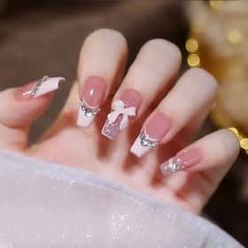 Rhinestone Bow-Knot Press On Nails for Women - Medium Length Full Cover Stick On Nails with Stunning Designs