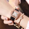 Fashion Women's Watches for Women Starry Square Rhinestone Quartz Wrist Watch Ladies Casual Black Leather Watch