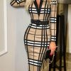 Bodycon Plaid V-neck Dress Without Belt, Elegant Long Sleeve Dress For Spring & Fall, Women's Clothing