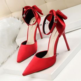 Women's Pumps; Sweet beauty thin heel high-heeled shoes; pointed satin hollow back bow knot high-heeled shoes (colour: 5196-1 red 10CM, size: 39)