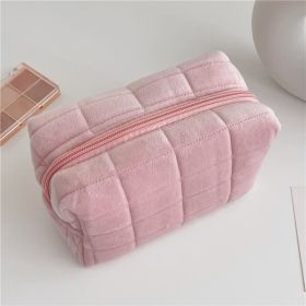 Plush Makeup Bag Checkered Cosmetic Bag Cosmetic Travel Bag Large Zipper Travel Toiletry Bag Portable Multi Functional Capacity Bag Cute Makeup Brushe (Color: Pink)