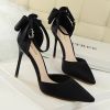 Women's Pumps; Sweet beauty thin heel high-heeled shoes; pointed satin hollow back bow knot high-heeled shoes