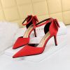 Women's Pumps; Sweet beauty thin heel high-heeled shoes; pointed satin hollow back bow knot high-heeled shoes