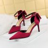 Women's Pumps; Sweet beauty thin heel high-heeled shoes; pointed satin hollow back bow knot high-heeled shoes